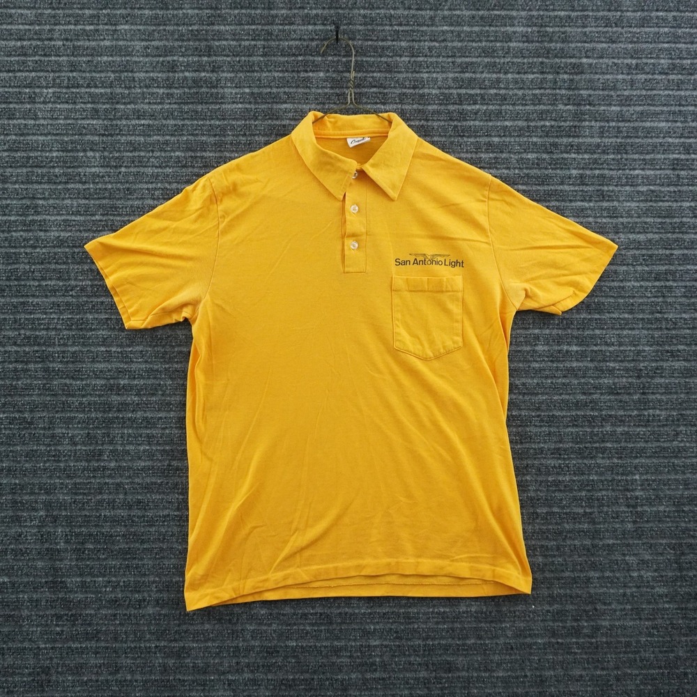 Stedman Polo Shirt Mens Medium Yellow San Antonio Light Graphic Short Sleeve USA
